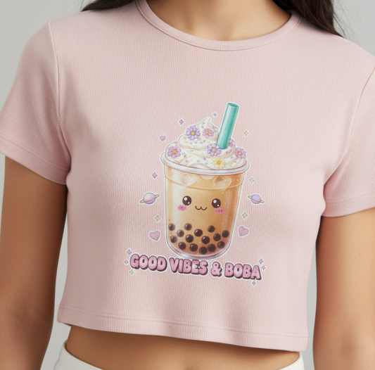 Gen Z "Good Vibes & Boba" Cropped Tee