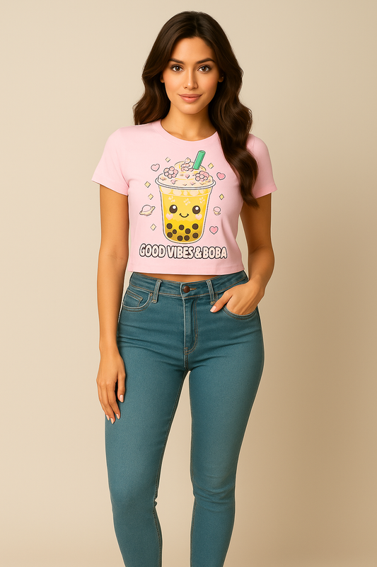Gen Z "Good Vibes & Boba" Cropped Tee